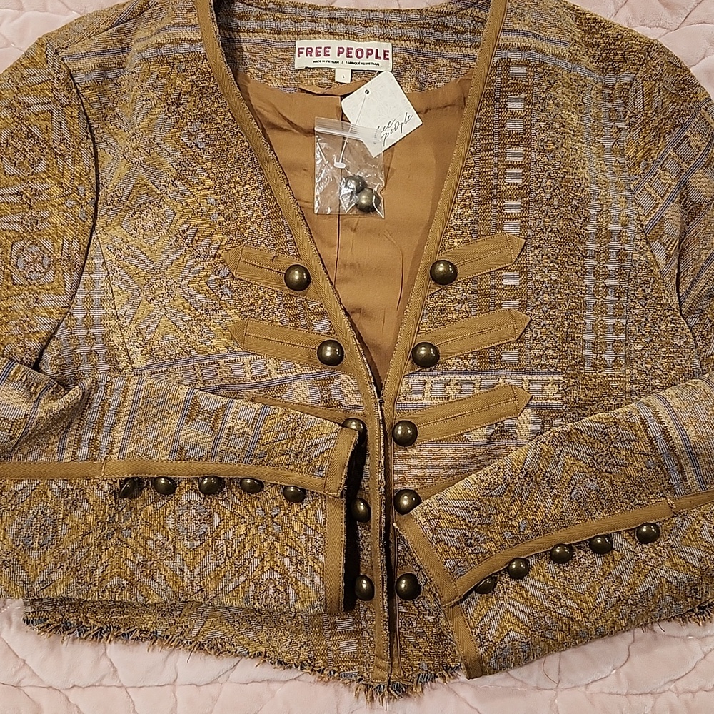 BNWT! L" FREE PEOPLE Juliette Cropped Jacket in Gold Combo - Picture 2 of 16